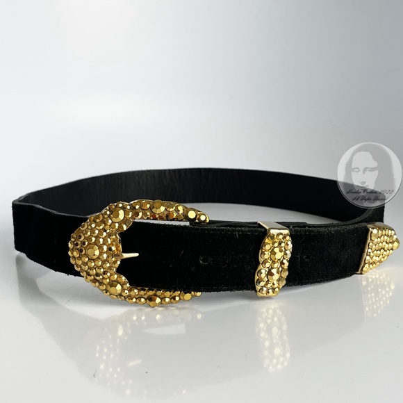 Michael Morrison Belt Embellished Gold Rhinestones Black Suede Leather Vintage - Picture 4 of 12